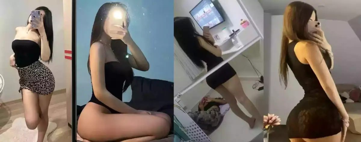Collage of four mirror selfies: woman posing in black outfits, including a strapless bodysuit, leopard-print mini skirt, and a lace black dress in different rooms.