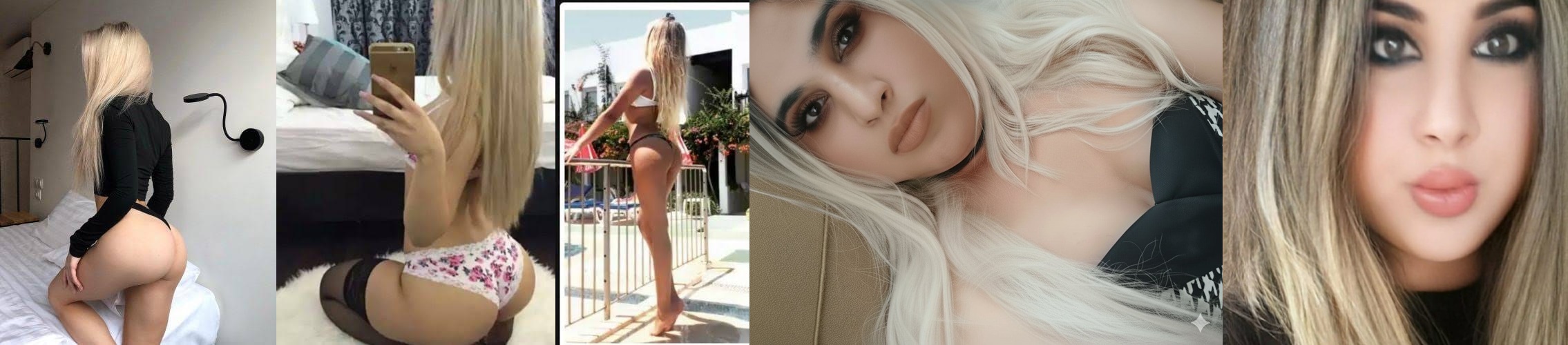 Collage of five images featuring a blonde woman in revealing outfits: kneeling on a bed with back turned, wearing a black top and thong; a mirror selfie showing her back in floral underwear; standing poolside in a bikini by a railing; close-up portrait with platinum hair and bold makeup; close-up selfie of lips and eyes with long hair framing the face.