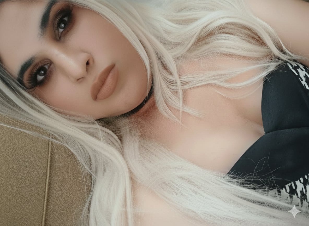 Close-up portrait of a woman with long platinum blonde hair, neutral makeup, wearing a black patterned top against a tan background.