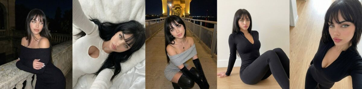 Woman with dark hair in an off-shoulder black dress posing by a stone railing at night.