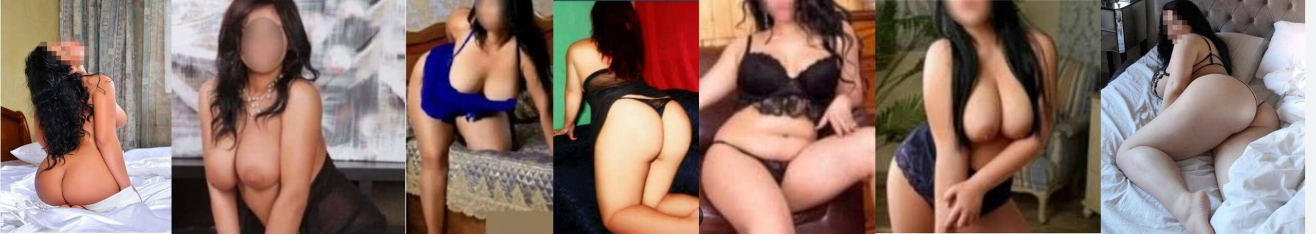 Collage of seven women in lingerie posing on beds and couches in intimate photo shots.