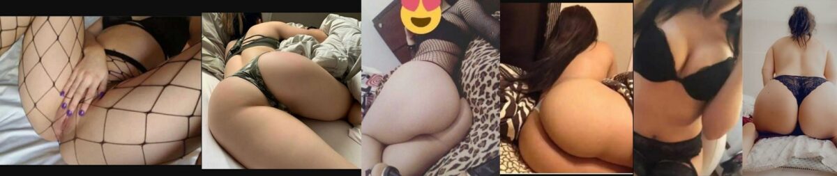 Collage of close-up shots of a woman in lingerie lying on a bed, with focus on the buttocks from different angles.