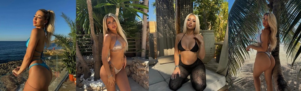 Collage of four photos: a woman with long blonde hair in bikinis posing at a tropical beach and poolside.